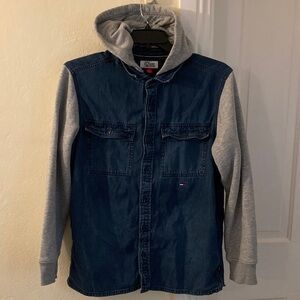 Men's Denim and Gray Hooded Jacket